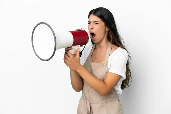 Restaurante Garçom Sobre Fundo Branco Isolado Gritando Através Megafone — Fotografia de Stock