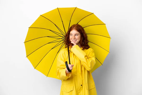 Teenager Redhead Girl Rainproof Coat Umbrella Isolated White Background Looking — Stock Photo, Image