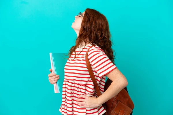 Student Teenager Redhead Girl Isolated Blue Background Suffering Backache Having — Stock Photo, Image