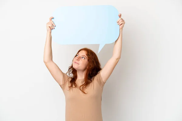 Teenager Redhead Girl Isolated White Background Holding Empty Speech Bubble — Stock Photo, Image