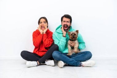 Beyaz arka planda izole edilmiş evcil hayvanlarıyla yerde oturan ve ağzı açık bağıran beyaz bir çift.