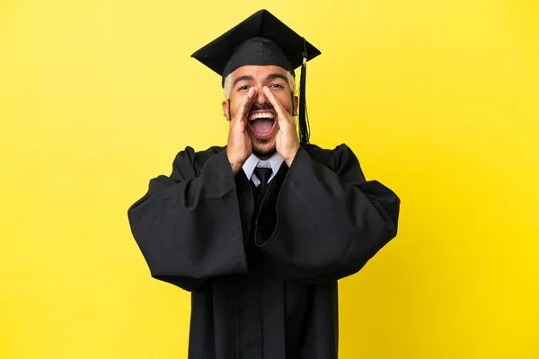Young University Graduate Colombian Man Isolated Yellow Background Shouting Announcing — Stockfoto