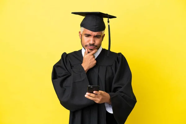 Young University Graduate Colombian Man Isolated Yellow Background Thinking Sending — Stok fotoğraf