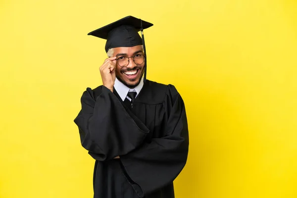 Young University Graduate Colombian Man Isolated Yellow Background Glasses Happy — Foto Stock