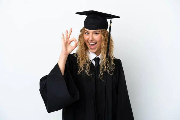 Graduação Universitária Jovem Isolado Fundo Branco Mostrando Sinal Com Dedos — Fotografia de Stock
