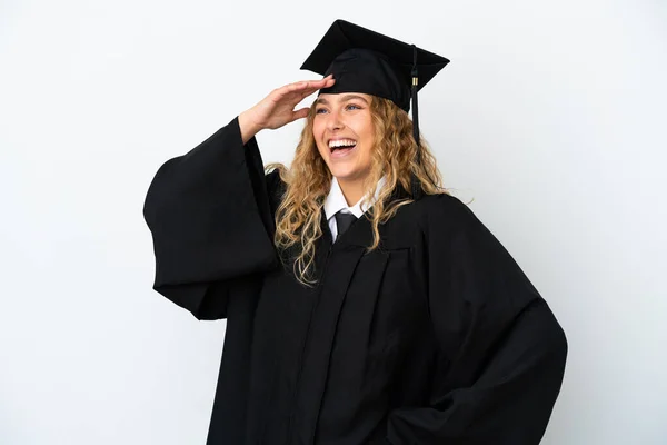 Graduação Universitária Jovem Isolado Fundo Branco Sorrindo Muito — Fotografia de Stock