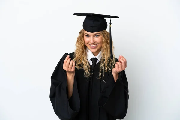 Graduação Universitária Jovem Isolado Fundo Branco Fazendo Gesto Dinheiro — Fotografia de Stock