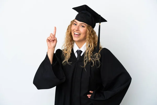 Graduação Universitária Jovem Isolado Fundo Branco Mostrando Levantando Dedo Sinal — Fotografia de Stock