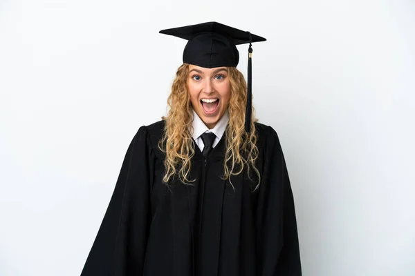 Νεαρός Απόφοιτος Πανεπιστημίου Απομονώνονται Λευκό Φόντο Έκφραση Έκπληξη Προσώπου — Φωτογραφία Αρχείου