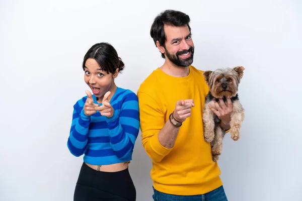 Young Hispanic Woman Holding Dog Isolated White Background Points Finger — Foto Stock