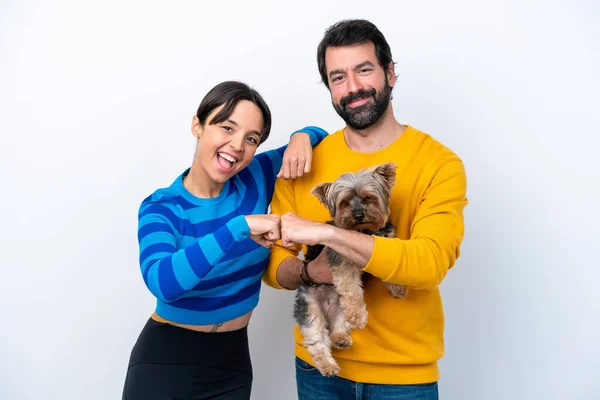 Young Hispanic Woman Holding Dog Isolated White Background Bumping Fists — Φωτογραφία Αρχείου