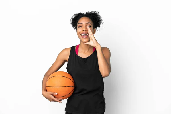 Young Basketball Player Latin Woman Isolated White Background Shouting Mouth — 스톡 사진