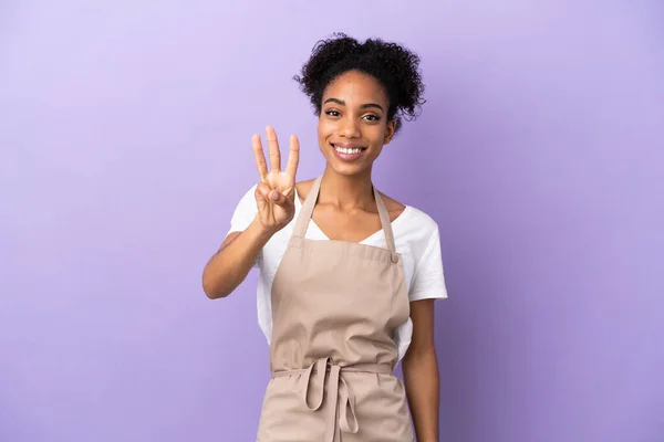 Restaurant Waiter Latin Woman Isolated Purple Background Happy Counting Three — ストック写真