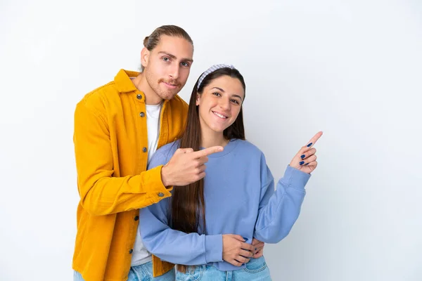 Young Caucasian Couple Isolated White Background Pointing Finger Side Presenting — Stock Photo, Image