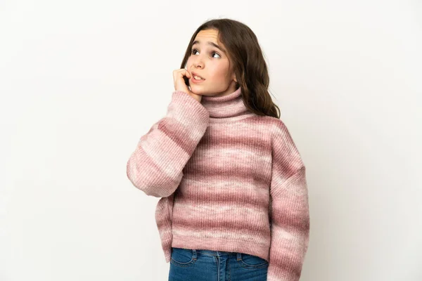 Little Caucasian Girl Isolated White Background Little Bit Nervous — Stock Photo, Image