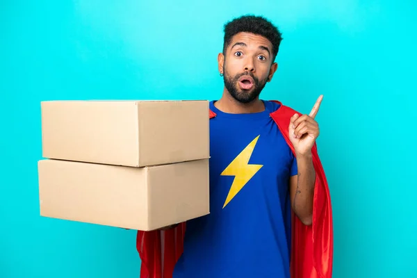 Super Hero Delivery Brazilian Man Isolated Blue Background Intending Realizes — Stock Photo, Image