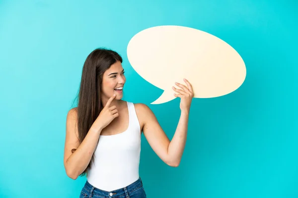 Young Brazilian Woman Isolated Blue Background Holding Empty Speech Bubble — Stock Photo, Image