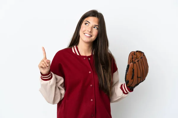 白地に隔離された野球手袋を持つプレーヤーブラジル人女性素晴らしいアイデアを指摘 — ストック写真