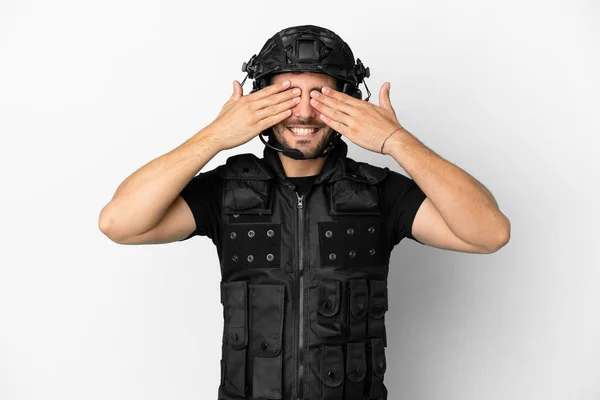 Young Caucasian Swat Isolated White Background Covering Eyes Hands — Stock Photo, Image