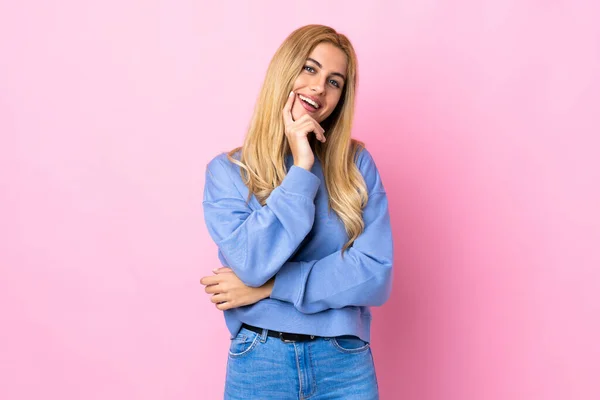Young Uruguayan Blonde Woman Isolated Pink Background Happy Smiling — Stock Photo, Image