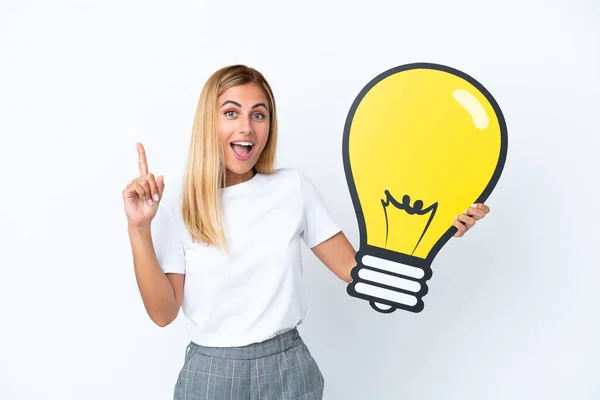 Blonde Uruguayan Girl Isolated White Background Holding Bulb Icon Thinking — Stock Photo, Image