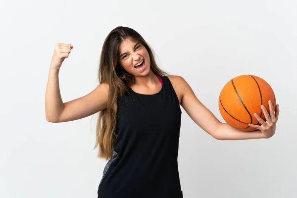 Jonge Kaukasische Vrouw Geïsoleerd Witte Achtergrond Spelen Basketbal — Stockfoto