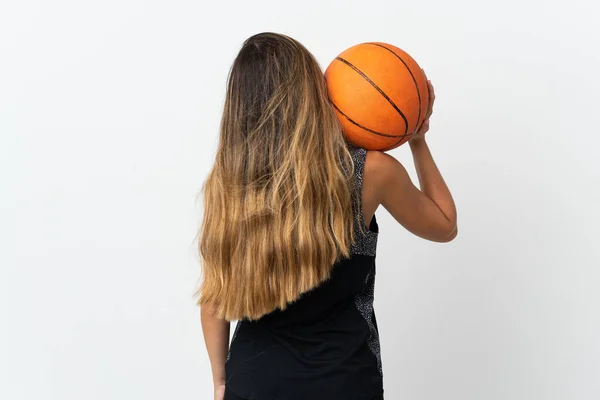 Jovem Mulher Caucasiana Isolada Fundo Branco Jogando Basquete Posição Costas — Fotografia de Stock