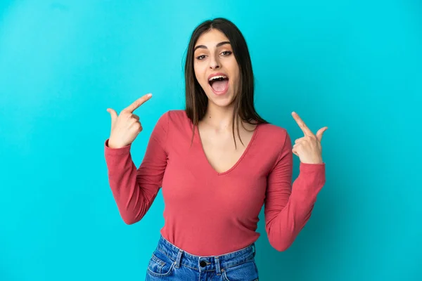 Young Caucasian Woman Isolated Blue Background Giving Thumbs Gesture — Stock Photo, Image