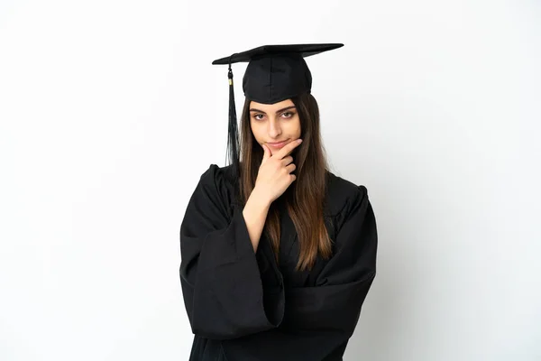 Graduado Universitario Joven Aislado Pensamiento Fondo Blanco — Foto de Stock