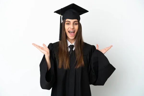 Νεαρός Απόφοιτος Πανεπιστημίου Απομονώνονται Λευκό Φόντο Σοκαρισμένη Έκφραση Προσώπου — Φωτογραφία Αρχείου