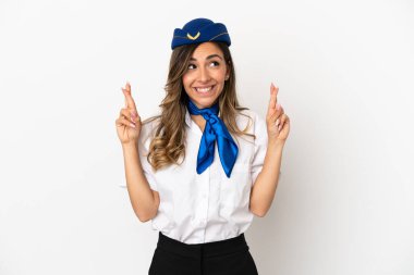 İzole edilmiş beyaz arka plan üzerinde uçak hostesi parmakları çapraz