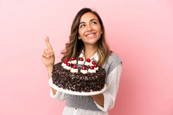 Young Woman Holding Birthday Cake Isolated Pink Background — Stock Photo, Image