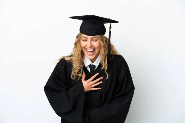 Graduação Universitária Jovem Isolado Fundo Branco Sorrindo Muito — Fotografia de Stock