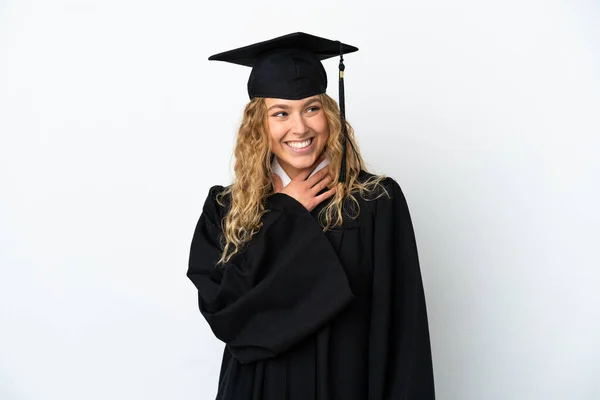 Genç Üniversite Mezunu Beyaz Arka Planda Izole Edilmiş Gülümserken Yukarı — Stok fotoğraf