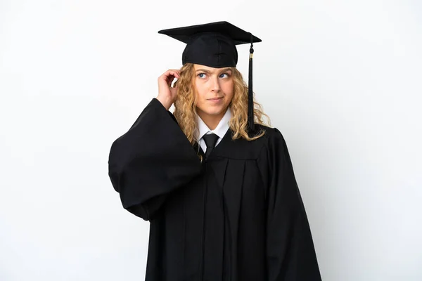 Graduação Universitária Jovem Isolado Fundo Branco Com Dúvidas — Fotografia de Stock