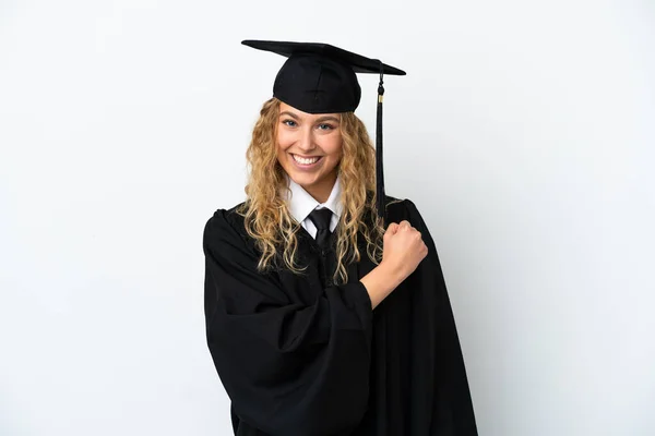 Graduação Universitária Jovem Isolado Fundo Branco Comemorando Uma Vitória — Fotografia de Stock