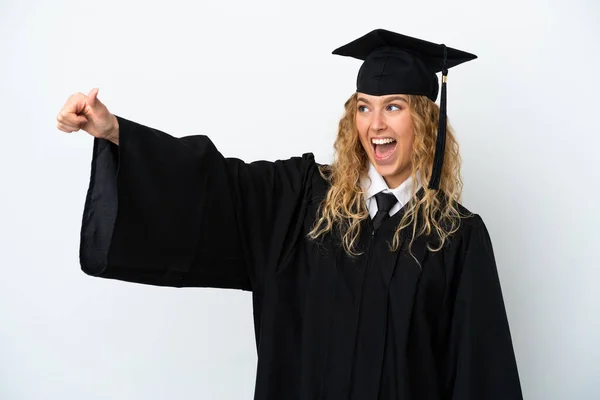 Graduação Universitária Jovem Isolado Fundo Branco Dando Gesto Polegares Para — Fotografia de Stock