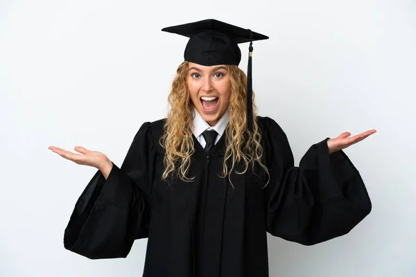 Graduação Universitária Jovem Isolado Fundo Branco Com Expressão Facial Chocada — Fotografia de Stock