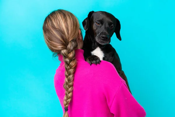 Young Caucasian Woman Her Dog Isolated Background — Stockfoto