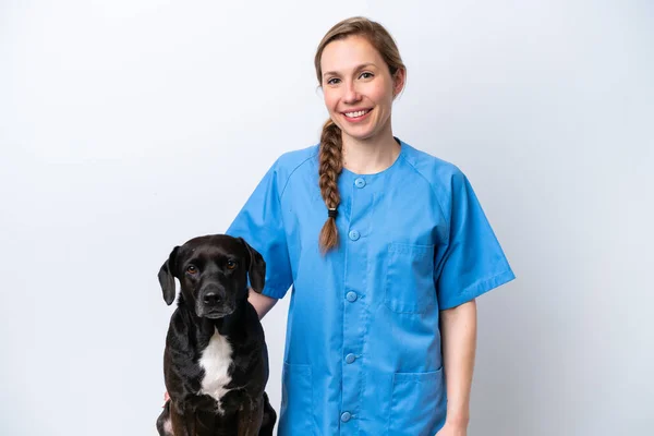 Mulher Veterinária Jovem Com Cão Isolado Fundo Branco Sorrindo Muito — Fotografia de Stock