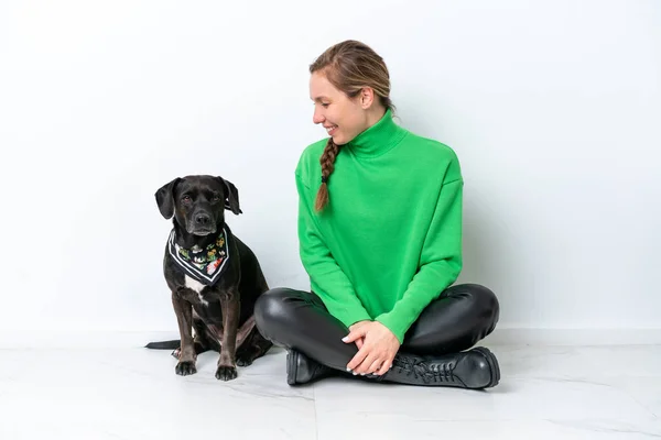 Young Caucasian Woman Sitting Floor His Puppy Isolated White Background — Fotografia de Stock