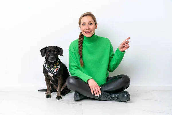 Young Caucasian Woman Sitting Floor His Puppy Isolated White Background — Fotografia de Stock