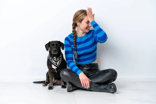 Young Caucasian Woman Sitting Floor His Puppy Isolated White Background — 스톡 사진