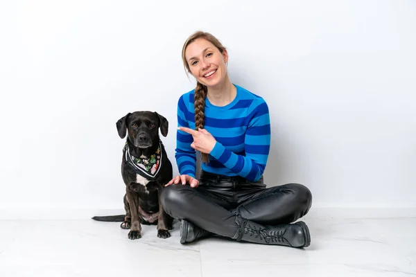Young Caucasian Woman Sitting Floor His Puppy Isolated White Background — Stock Photo, Image