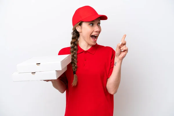 Mulher Entrega Pizza Com Uniforme Trabalho Pegando Caixas Pizza Isoladas — Fotografia de Stock