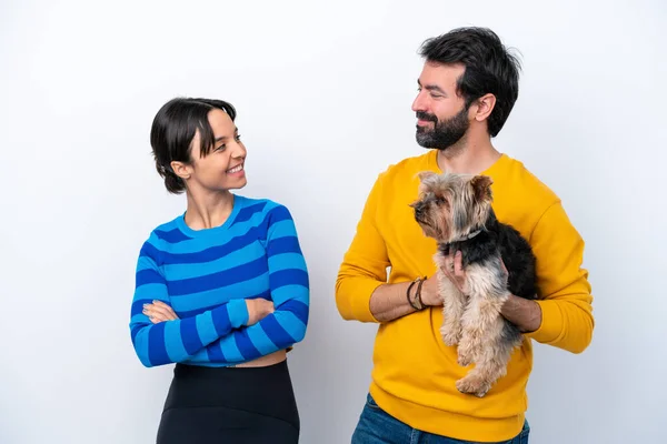 Young Hispanic Woman Holding Dog Isolated White Background Looking Each — Φωτογραφία Αρχείου