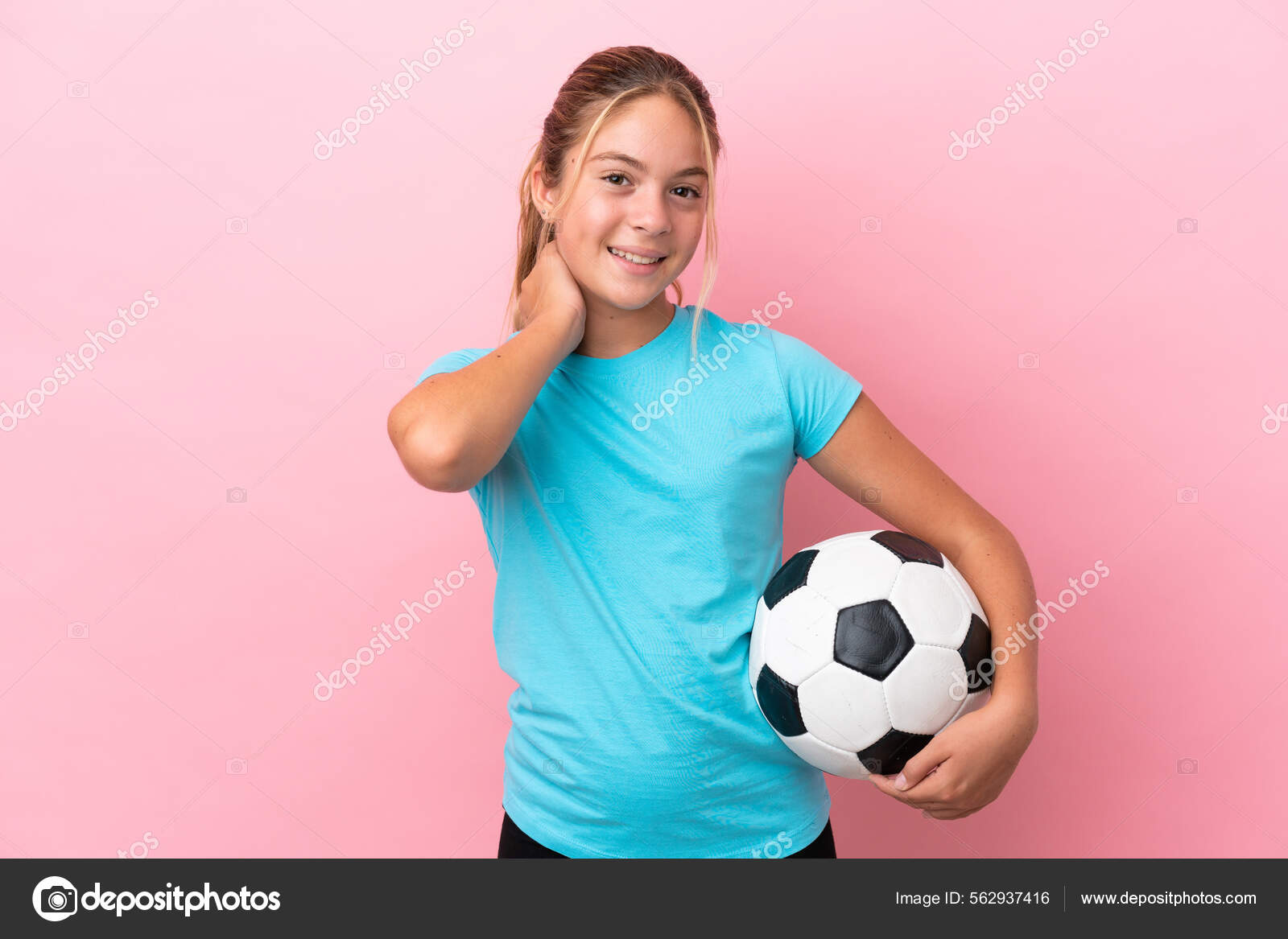 Little Football Player Girl Isolated Pink Background Laughing.