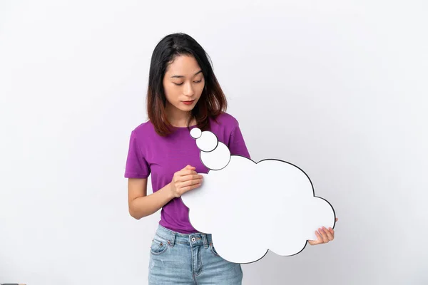 Young Vietnamese Woman Isolated White Background Holding Thinking Speech Bubble — Stock Photo, Image