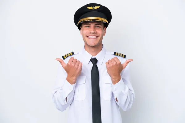 Samolot Biały Pilot Odizolowany Białym Tle Kciukami Górze Gest Uśmiech — Zdjęcie stockowe