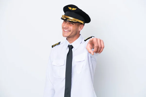 Samolot Biały Pilot Odizolowany Białym Tle Wskazuje Palcem Ciebie Pewnym — Zdjęcie stockowe